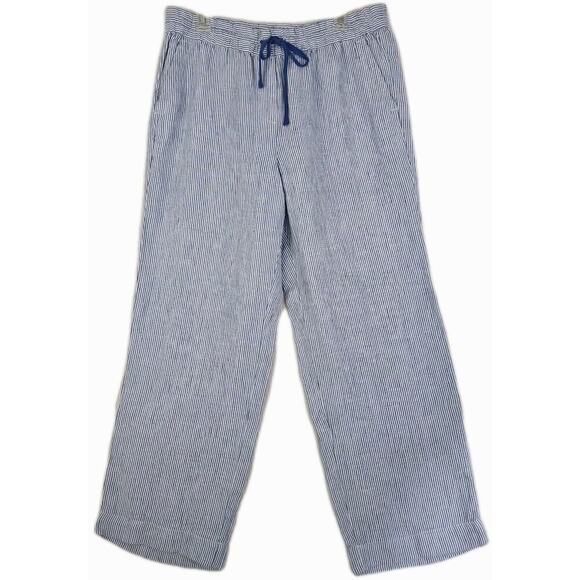 Talbots~Woman L Petite~Blue/White Linen Wide Leg Pants Pull On Coastal Beach NWT - Picture 6 of 16